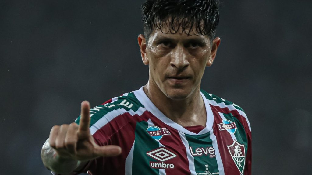Fluminense é bicampeão carioca: Germán Cano comemora gol pelo Fluminense contra o Flamengo, na final do Cariocão 2023