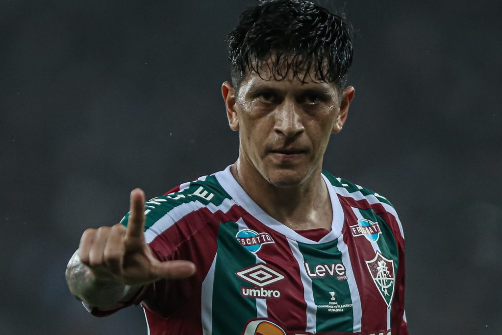 Fluminense é bicampeão carioca: Germán Cano comemora gol pelo Fluminense contra o Flamengo, na final do Cariocão 2023