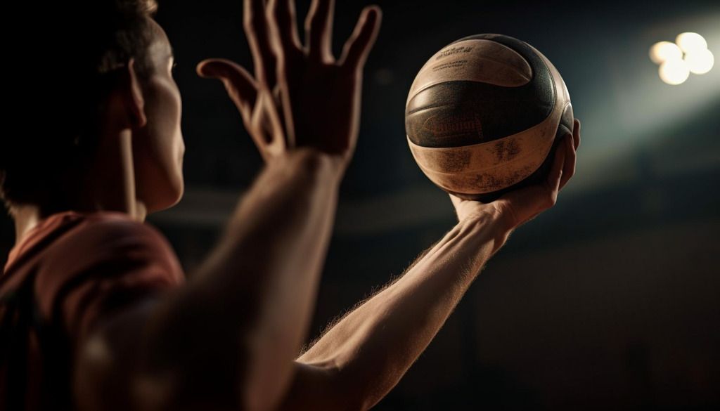 Jogador de vôlei erguendo a bola e se preparando para a realização do saque.