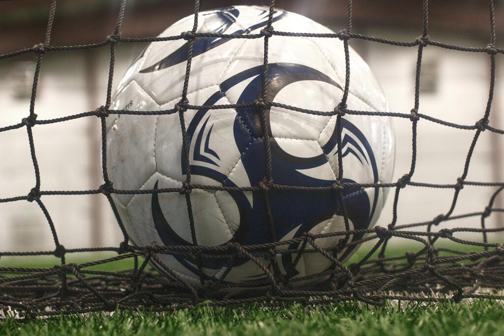 Bola de futebol branca, com símbolo preto, encostada na rede preta sobre a grama verde.