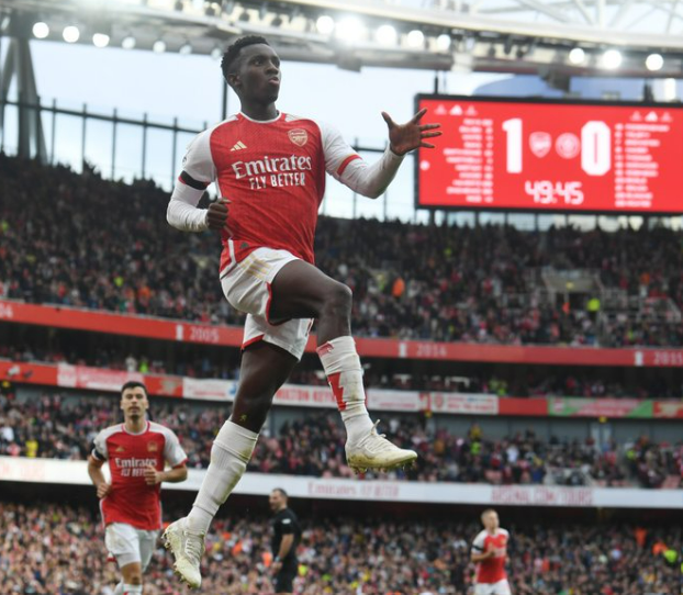 Eddie Nketiah marcou o hat-trick para o Arsenal em goleada sobre o Sheffield United Foto: Arsenal/X