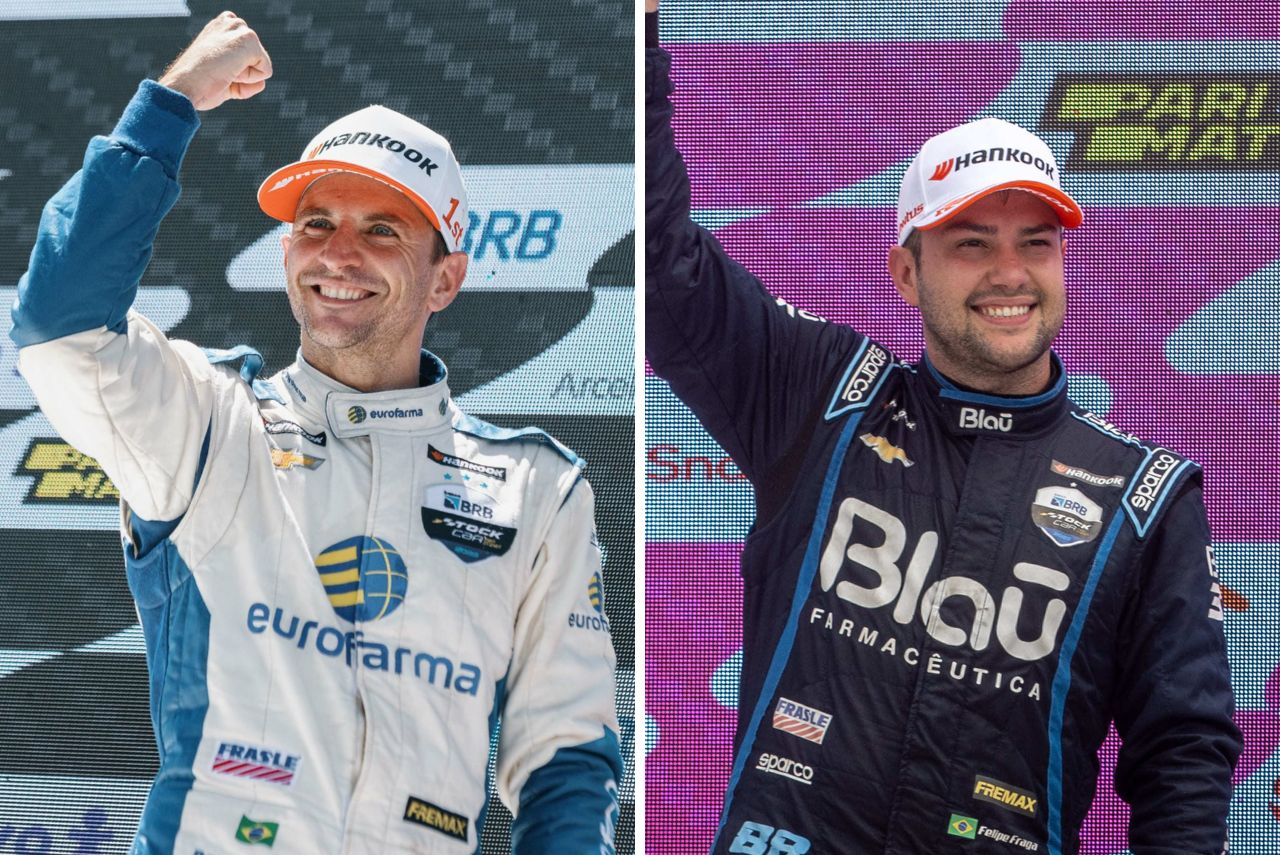 Colagem de Daniel Serra e Felipe Fraga comemorando em pódios da Stock Car em 2023