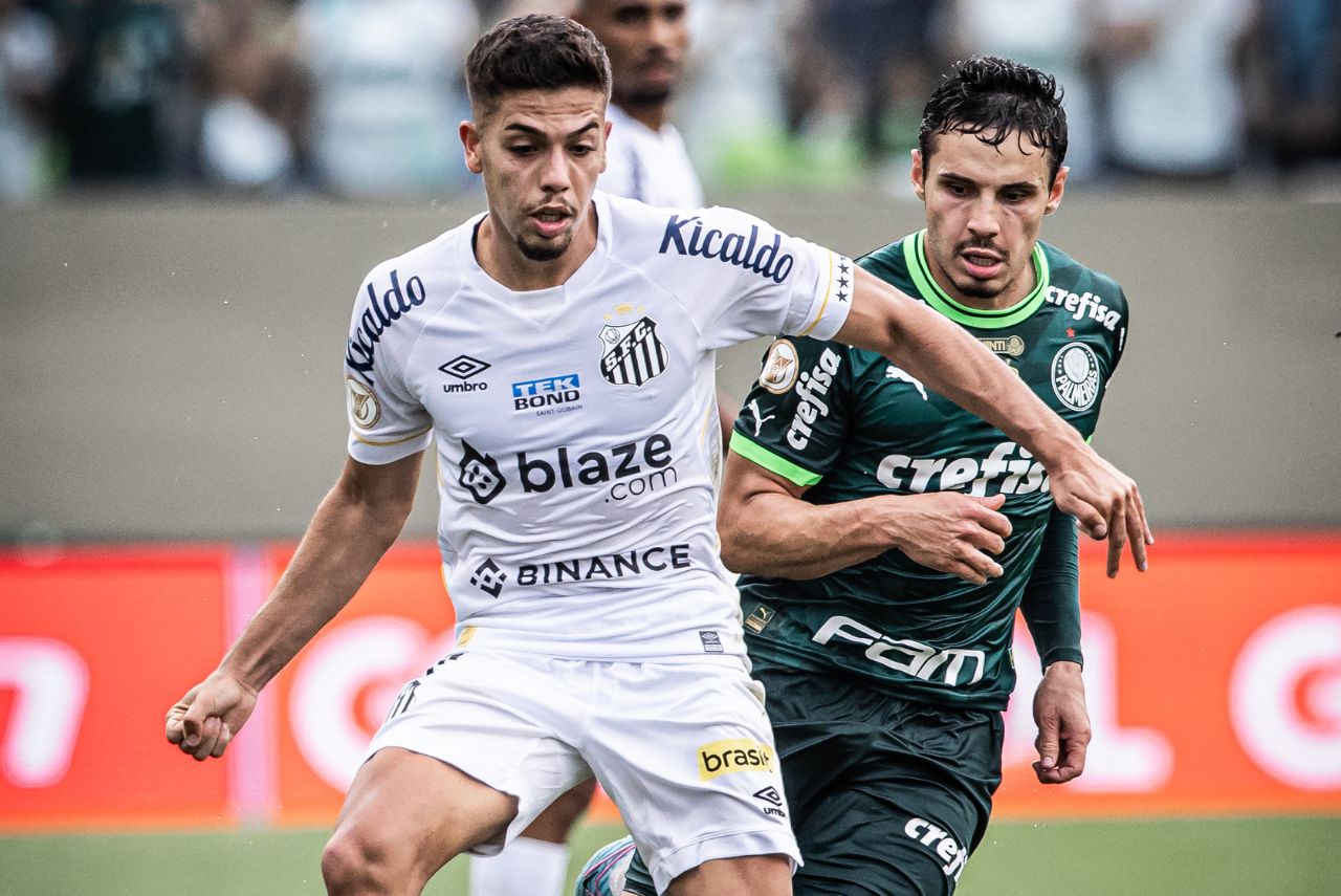 Nonato e Raphael Veiga em jogo entre Santos e Palmeiras no Brasileirão 2023