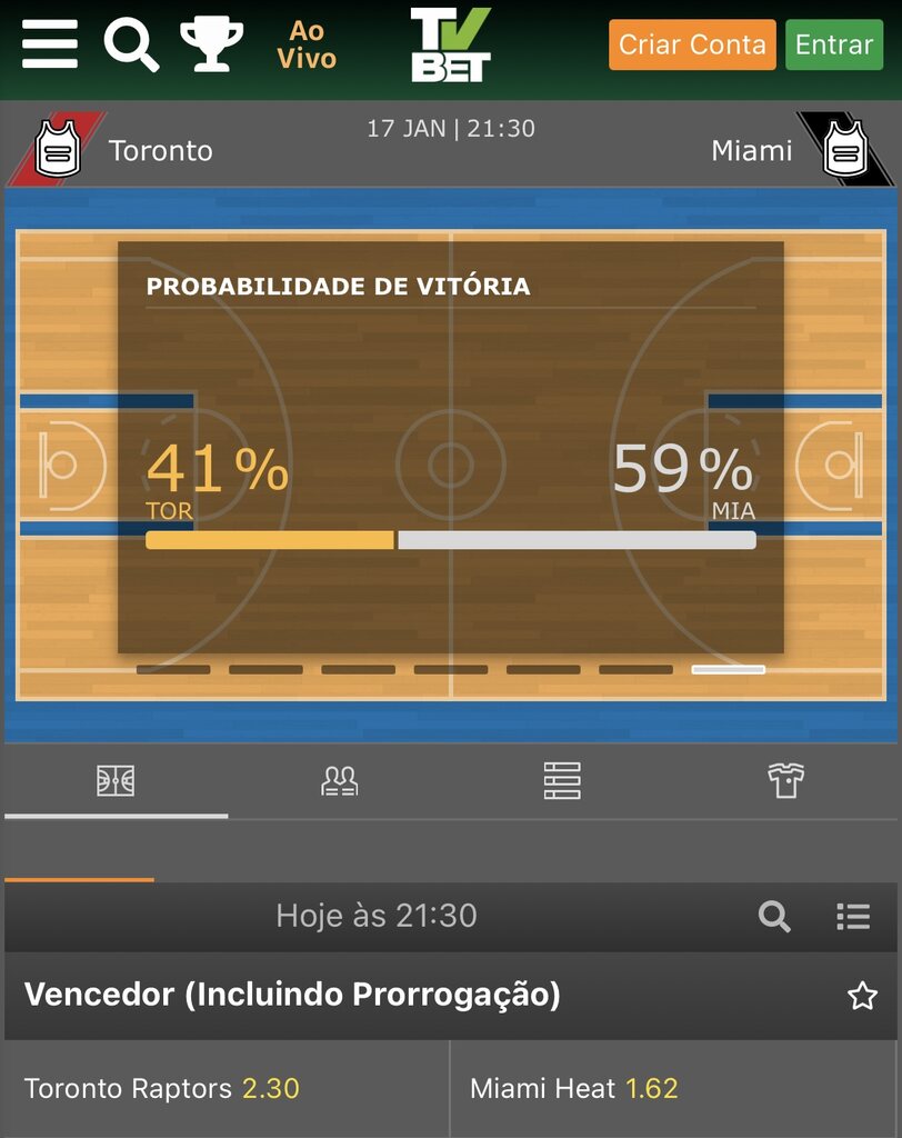 Tela de aplicativo de apostas esportivas TVBet, em página de jogo entre Toronto e Miami pela NBA.