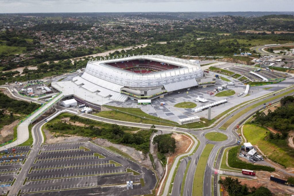 Foto aérea da Arena de Pernambuco, casa do Sul-Americano de Marcha Atlética