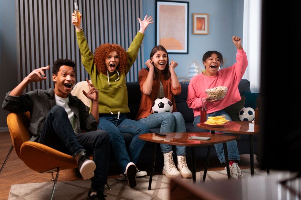 4 pessoas sentadas em um sofá, com bolas de futebol e petiscos enquanto assistem TV e torcem.