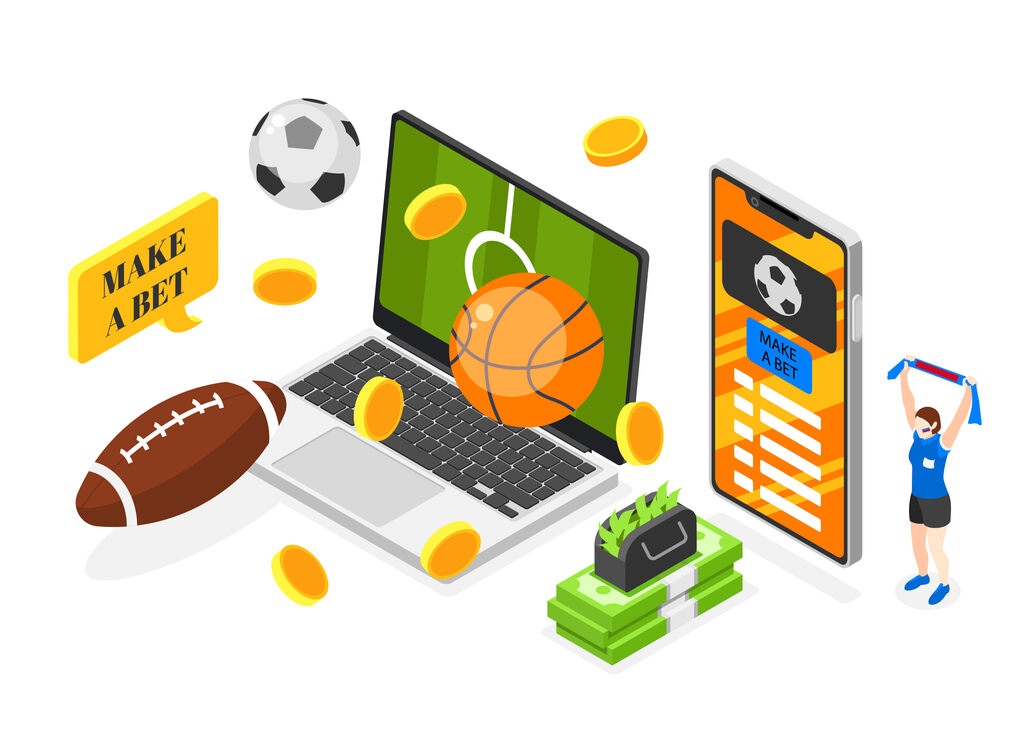 Arte com notebook cercado por bolas de diferentes esportes e um celular, com moedas douradas e dinheiro em notas ao redor deles.