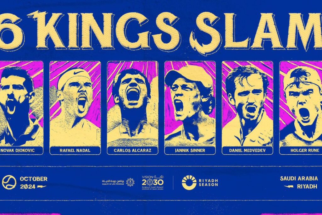 Arte do 6 Kings Slam, com Novak Djokovic, Rafael Nadal, Carlos Alcaraz, Jannik Sinner, Daniil Medvedev e Holger Rune