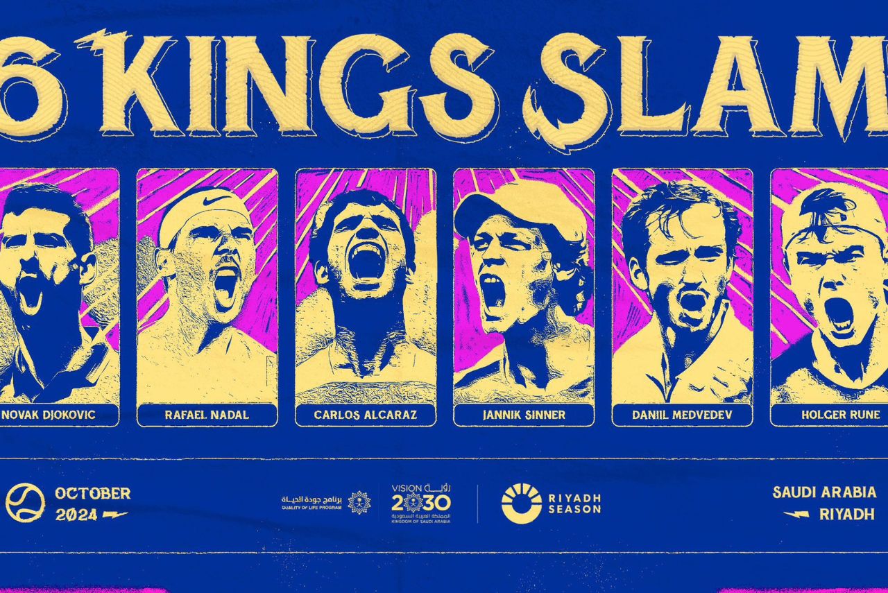 Arte do 6 Kings Slam, com Novak Djokovic, Rafael Nadal, Carlos Alcaraz, Jannik Sinner, Daniil Medvedev e Holger Rune