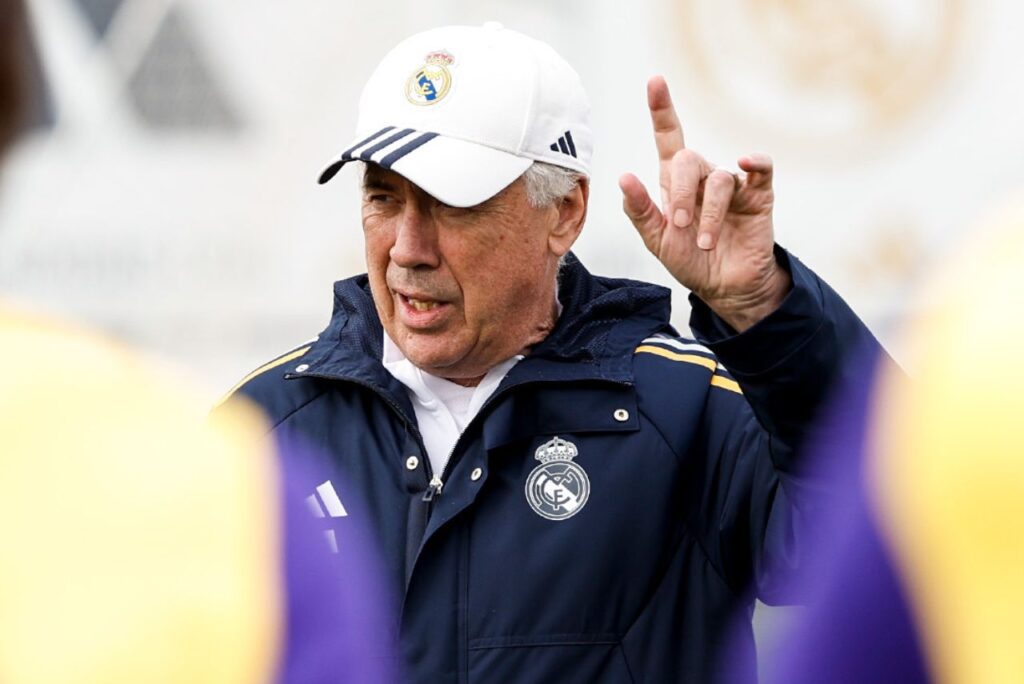 Treinador Carlo Ancelotti, em treino do Real Madrid