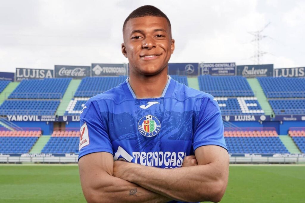 Kylian Mbappé com na montagem com a camisa do Getafe. Foto: Reprodução/X