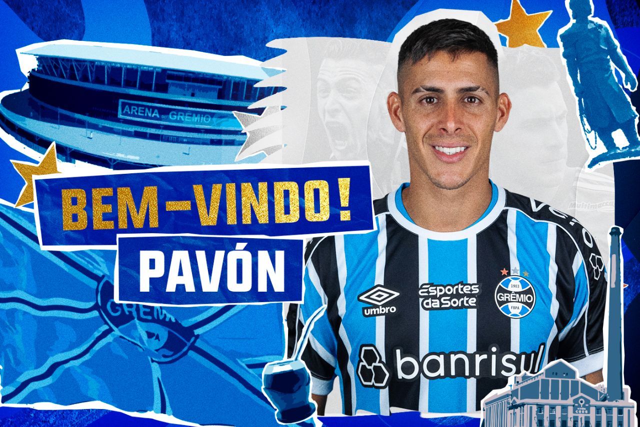 Arte do anúncio de Cristian Pavón como reforço do Grêmio