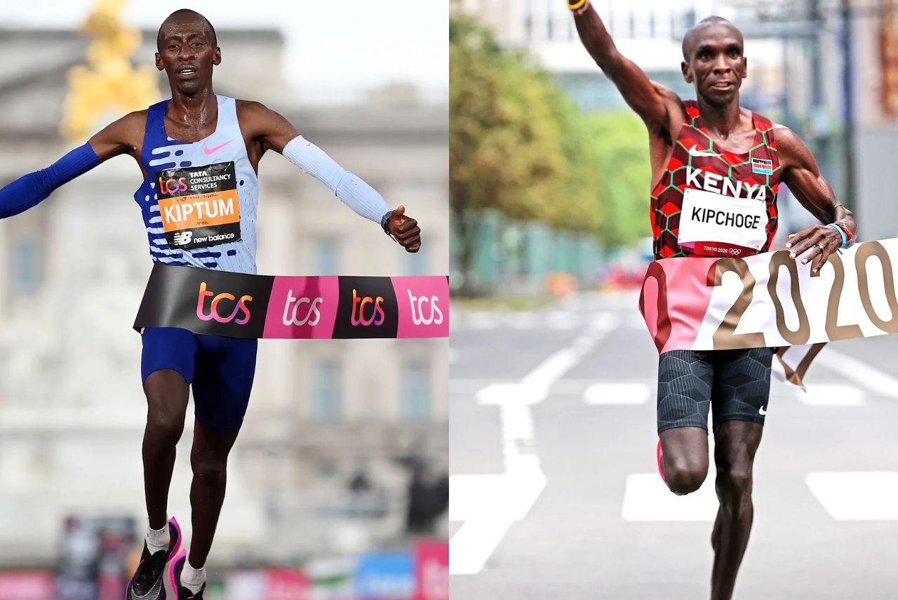 Corte com imagens dos maratonistas Kelvin Kiptum e Eliud Kipchoge