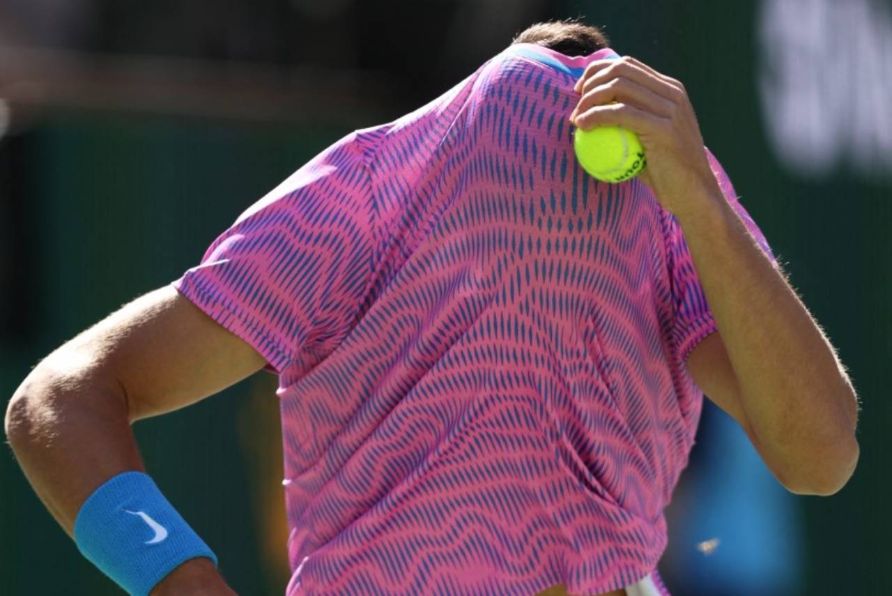 Carlos Alcaraz durante ataque do enxame de abelhas. Foto:CLIVE BRUNSKILLGETTY IMAGES NORTH AMERICAGetty Images via AFP