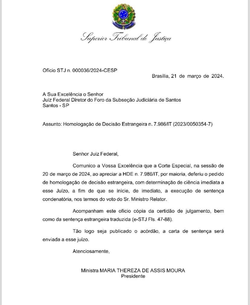 Ofício do STJ à Justiça Federal de Santos