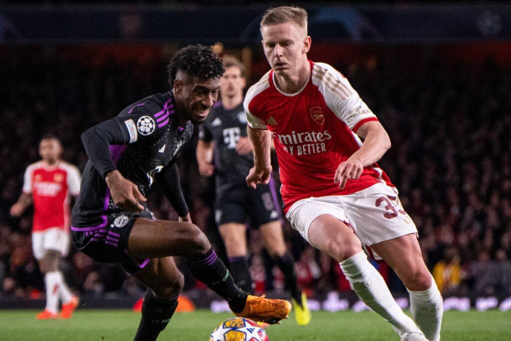 Lance do jogo Arsenal x Bayern de Munique nas quartas de final da Liga dos Campeões em 2024