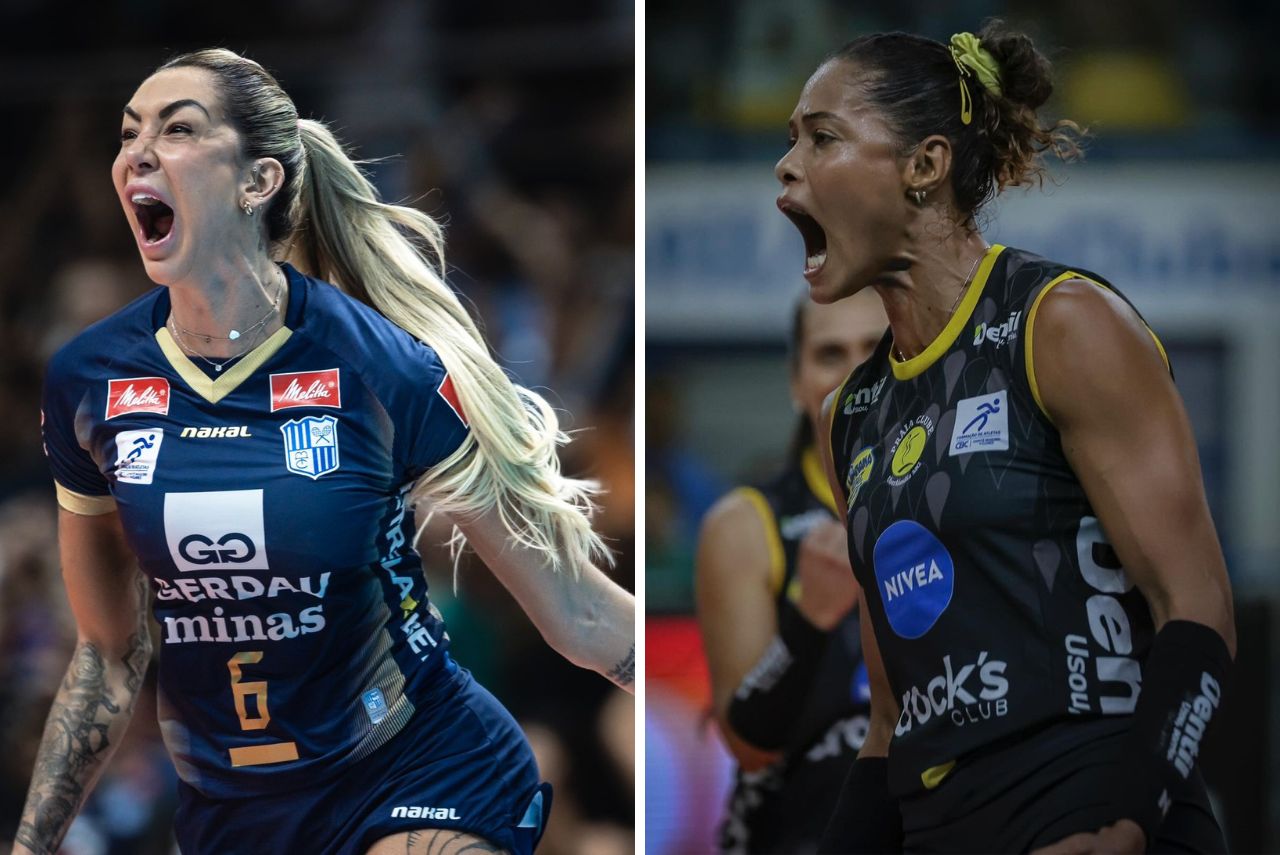 Recorte com as centrais Thaísa Daher e Adenízia Silva do Gerdau Minas Tênis Clulbe e do Dentil Praia Clube na Superliga de Vôlei