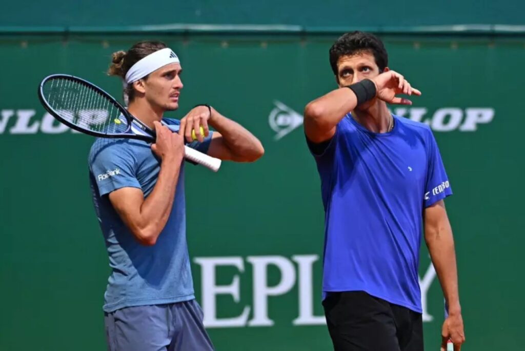 Marcelo Melo e Alexander Zverev em jogo do Masters 1000 de Monte Carlo 2024