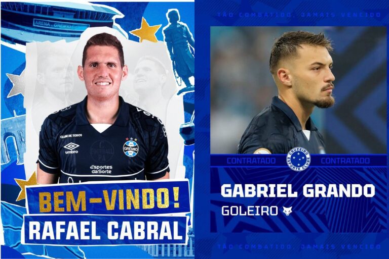 <p>Cabral e Grando foram anunciados nesta sexta-feira (Fotos: Divulgação/Grêmio e Cruzeiro)</p>
