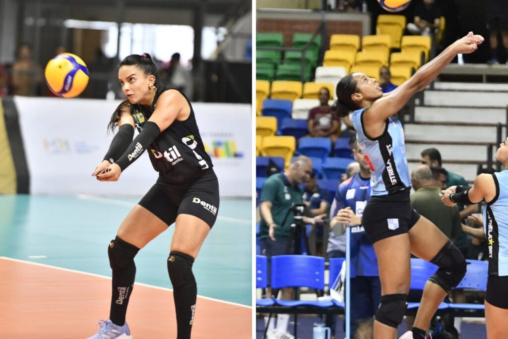 Recorte com Natinha, do Praia Clube, e Kisy, do Minas, em treino no Geraldão para a final da Superliga 2023/24