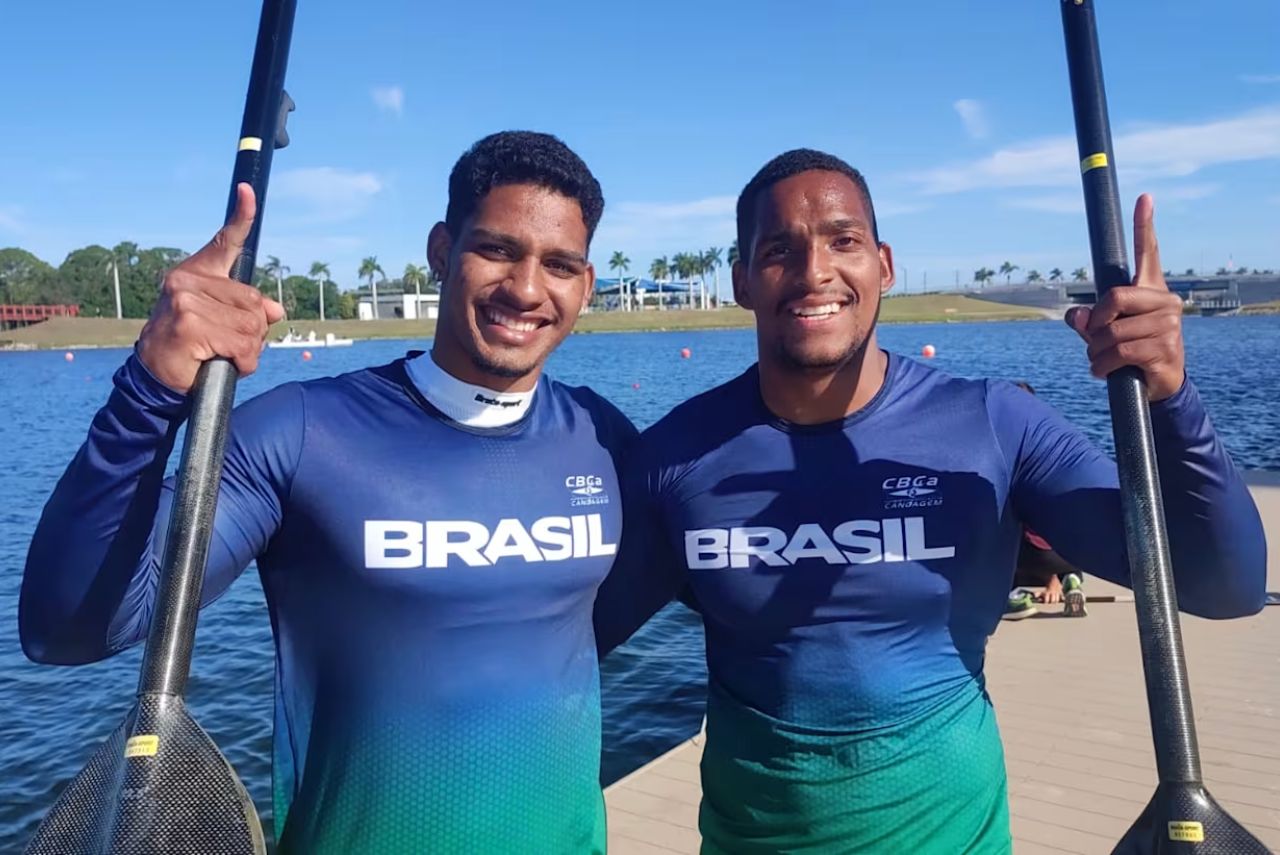 Canoístas Jacky Godmann e Filipe Vieira em prova do Pan-Americano de Canoagem Velocidade 2024