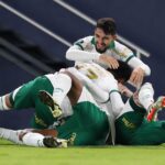 Jogadores do Palmeiras comemoram virada