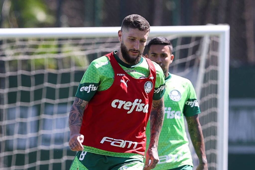 Zé Rafael e Dudu durante o treino do Palmeiras nesta terça-feira (30). Foto: Cesar Greco/ Palmeiras