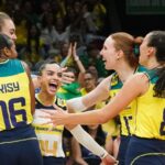 Jogadoras da Seleção Feminina de Vôlei comemoram vitória sobre a Coreia do Sul na VNL 2024