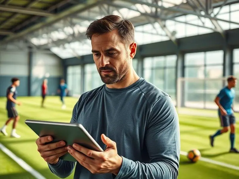 Nutricionista esportivo analisando dados de atletas de futebol em um centro de treinamento moderno.
