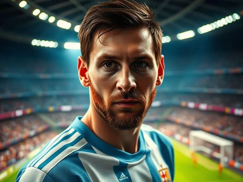 Fotografia ultrarrealista de Lionel Messi com a camisa da Argentina em um estádio de futebol.