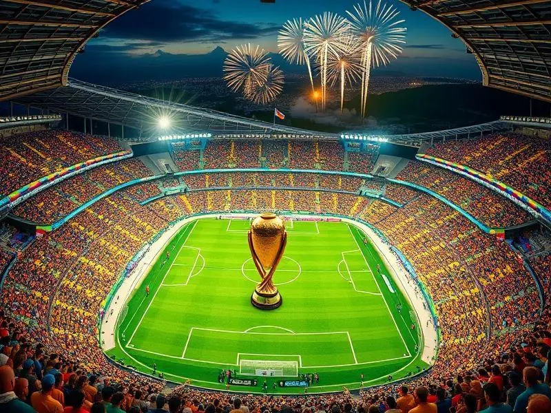 Estádio de futebol lotado no Brasil durante a Copa do Brasil 2025, com torcedores vibrantes e fogos de artifício.
