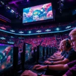 Arena de E-Sports com jogadores concentrados e fãs entusiasmados.