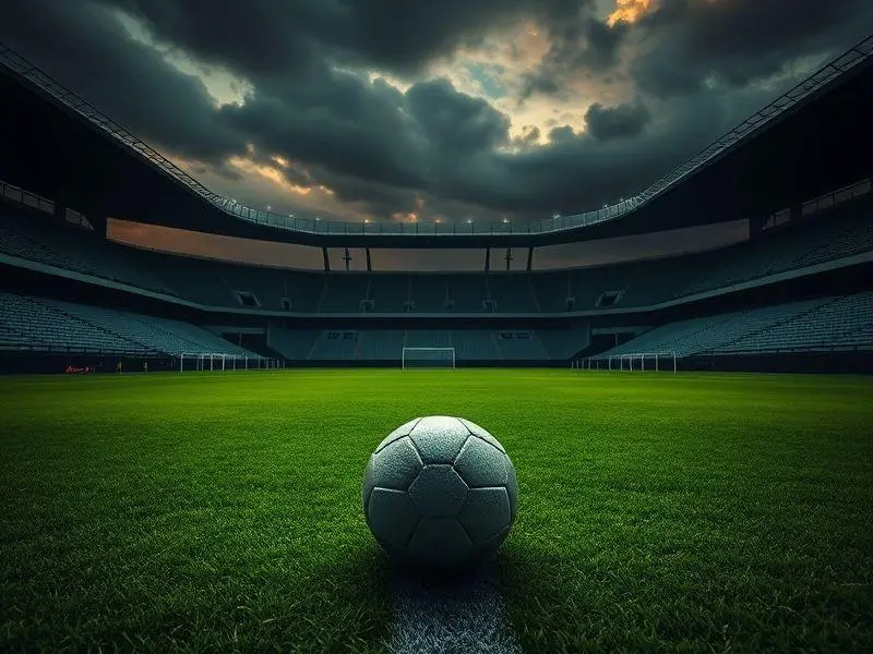 Estádio de futebol vazio ao entardecer com uma bola no centro, representando o luto no esporte.