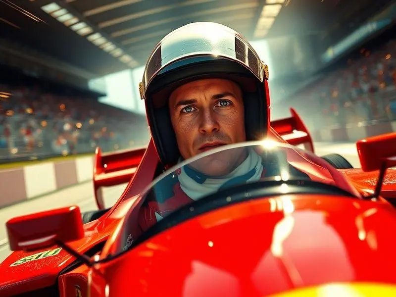 Michael Schumacher dirigindo sua Ferrari em alta velocidade durante uma corrida de Fórmula 1.