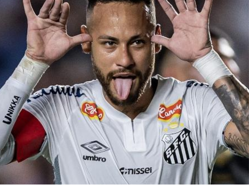 Neymar driblando no campo, torcida vibrante ao fundo, representando o renascimento do futebol brasileiro.