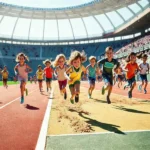 Crianças diversas praticando atletismo em um estádio ensolarado, demonstrando alegria e trabalho em equipe.