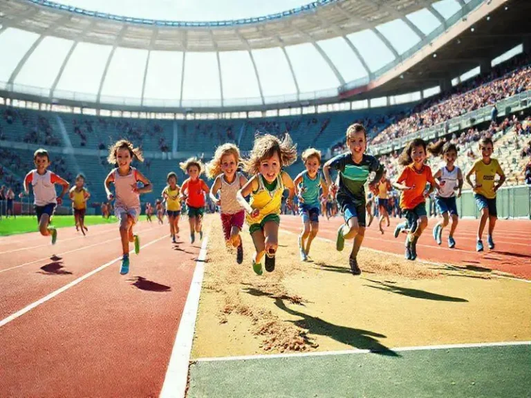 <p>Crianças praticam atletismo em programa infantil vibrante.</p>
