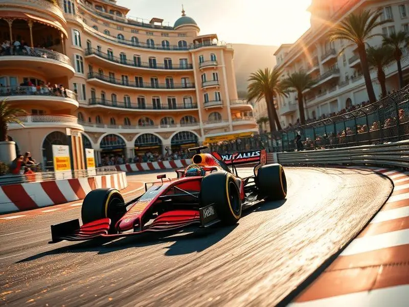 Carro de Fórmula 1 em alta velocidade na curva do Grande Hotel de Mônaco, com faíscas e o hotel ao fundo.