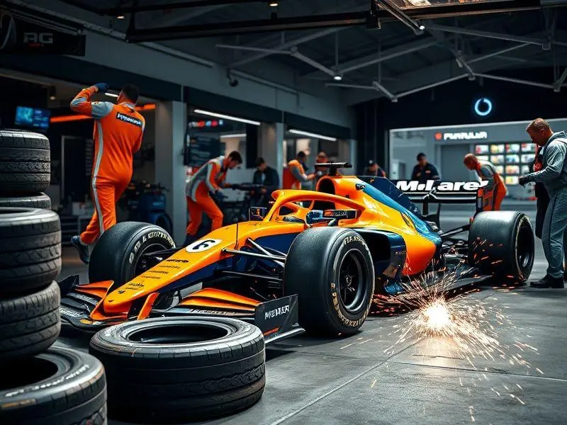 Carro da McLaren F1 sendo ajustado no pit lane com mecânicos trabalhando rapidamente.