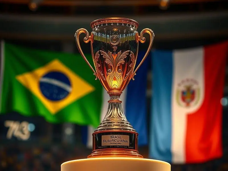 Taça da Copa Sul-Americana 2025 com bandeiras dos países participantes.