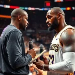 LeBron James defendendo seu filho Bronny de críticas de um jornalista durante um jogo da NBA.