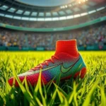 Chuteira de futebol feminino em primeiro plano, com estádio vibrante ao fundo.