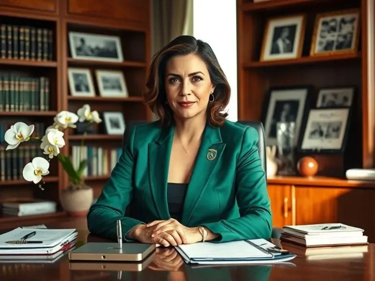 <p>Leila Pereira, presidente do Palmeiras, em seu escritório exibindo confiança e determinação.</p>
