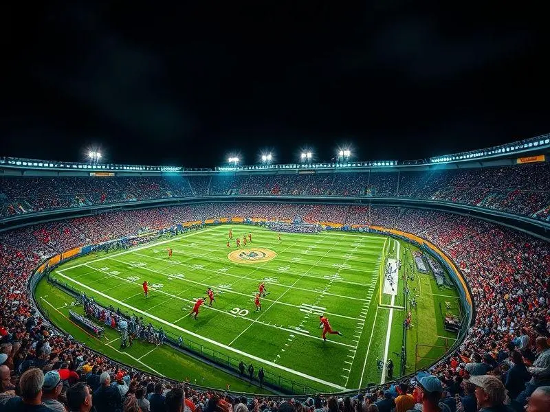 Visão noturna de um estádio de futebol americano lotado durante um jogo crucial com foco em rebaixamento.