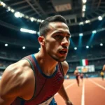 Atleta competindo em corrida no Mundial Indoor de Atletismo, com foco na largada e no esforço visível.