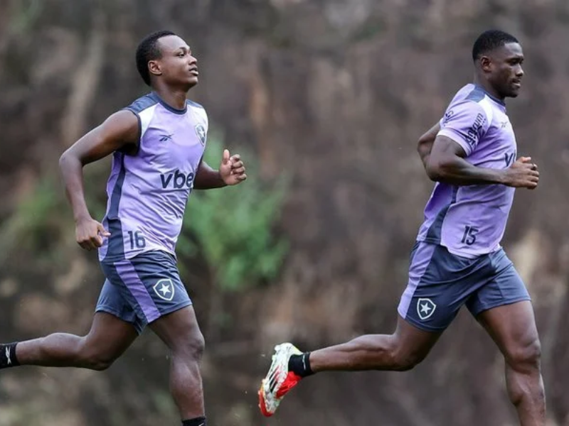 Nathan Fernandes e Bastos lado a lado no gramado, em amistoso do Botafogo contra o Novorizontino.