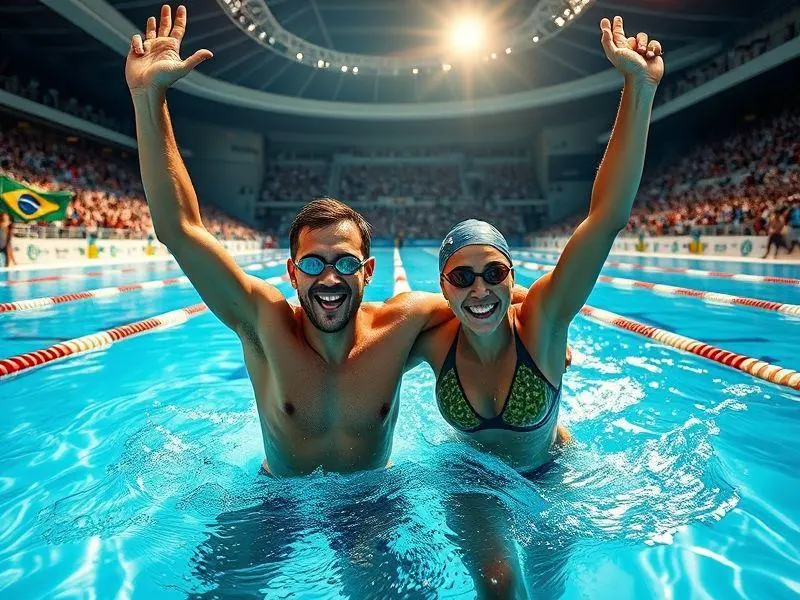 Nadadores paralímpicos comemorando a vitória em piscina.