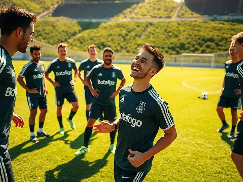 Nicolas Prattes interagindo com jogadores do Botafogo em campo de treinamento.