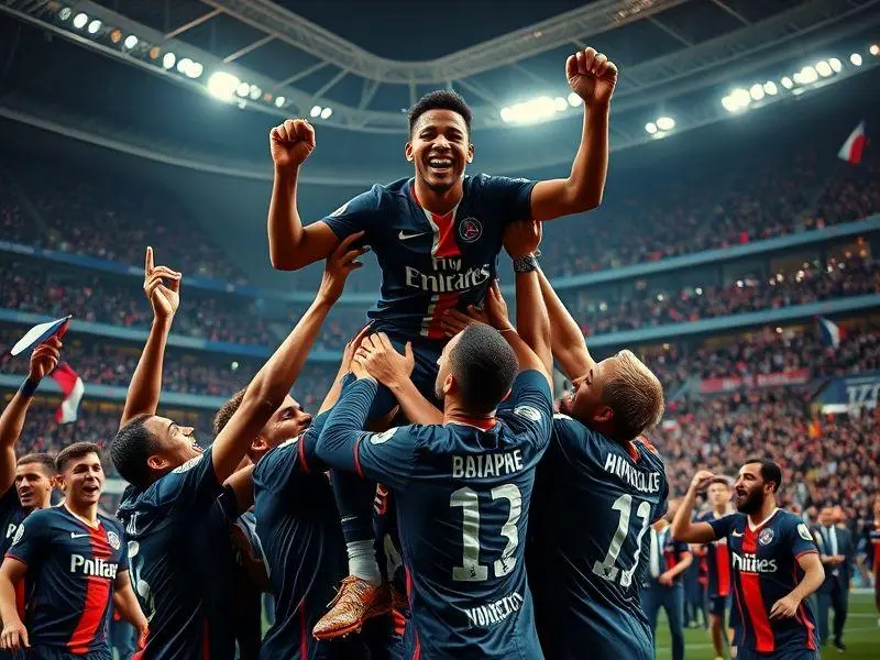Jogadores do PSG celebram efusivamente a vitória na Copa da França.