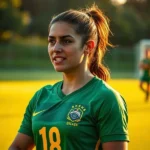Angelina, jogadora da Seleção Brasileira Feminina, focada e determinada em campo.